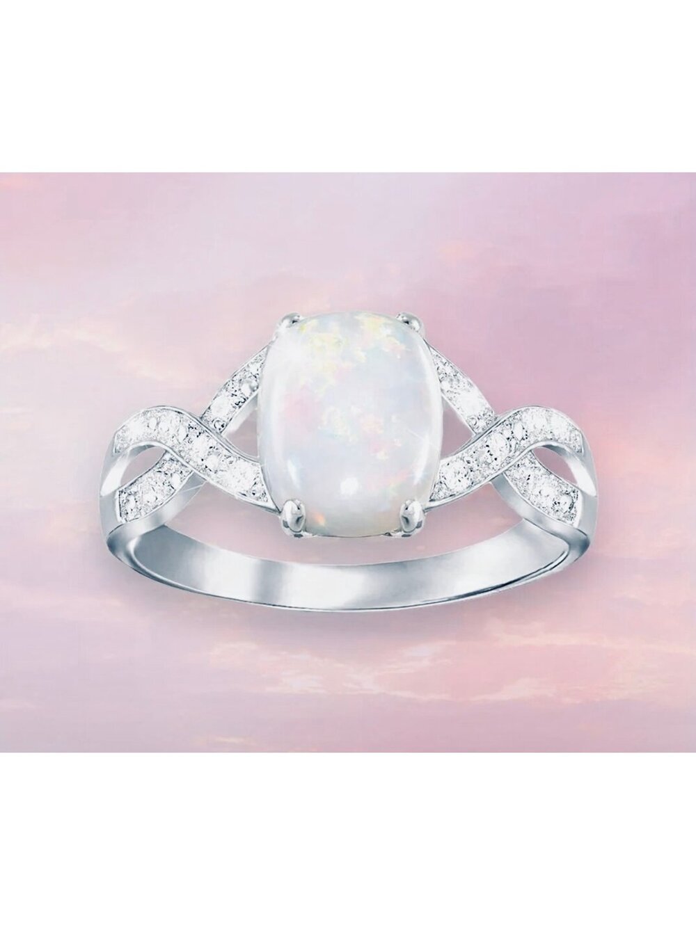 New - Elegant Milky Opal -Oval Cut Ring with Zircon accents - Size 5
